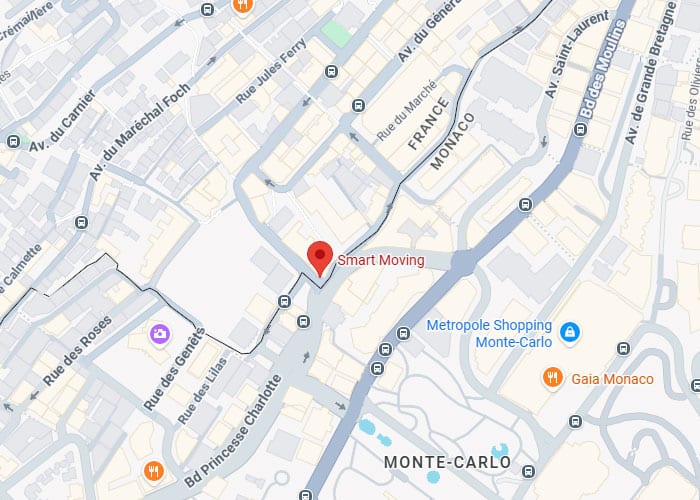 Localisation Smart Moving à Monte-Carlo - Plan Monaco Plan de Monte-Carlo situant Smart Moving près du Metropole Shopping et de la frontière France-Monaco.