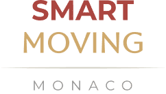 Smart Moving Monaco : Expert en Déménagement Haut de Gamme Texte Smart Moving Monaco en rouge, doré et gris pour un service de déménagement professionnel et de prestige.
